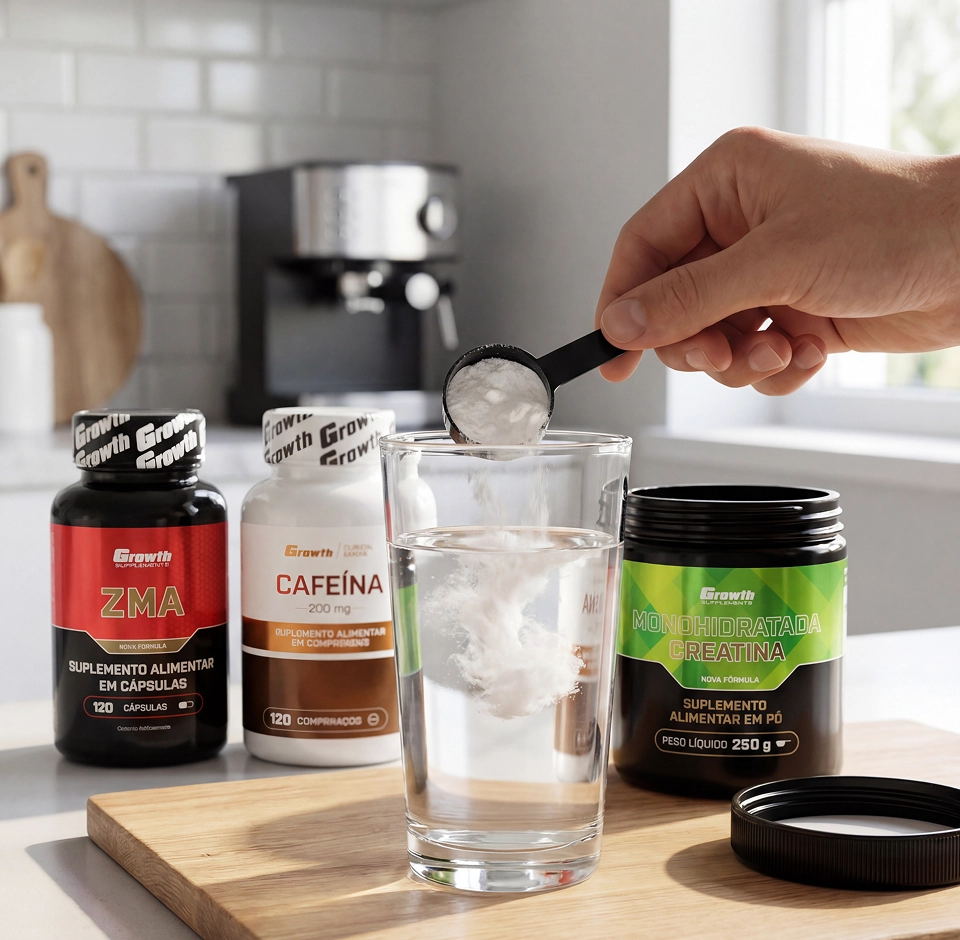 Kit Iniciante em uma cozinha com um copo de gelo na frente - Growth Supplements