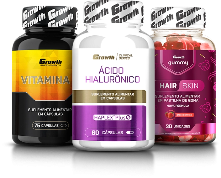Foto do produto KIT SAÚDE DA PELE: ÁCIDO HIALURÔNICO 60 CAPS + HAIR SKIN GUMMY 30 UN + VITAMINA D 75 CAPS