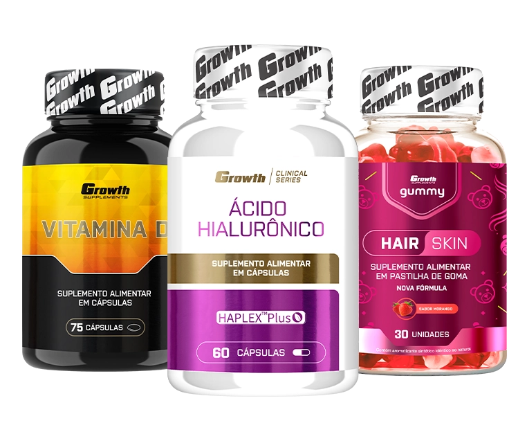 Foto do produto KIT SAÚDE DA PELE: ÁCIDO HIALURÔNICO 60 CAPS + HAIR SKIN GUMMY 30 UN + VITAMINA D 75 CAPS