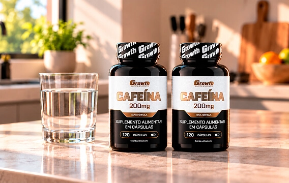 GROWTH SUPPLEMENTS - Cafeina 120 cápsulas ao lado de um copo de água