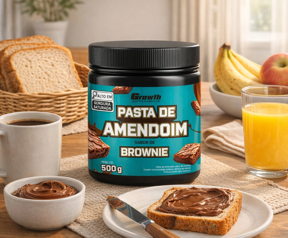 Growth Supplements - Imagem pasta de amendoim com mesa de café da manhã ao redors