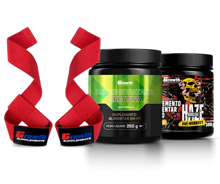 Foto do produto KIT  PRÉ-TREINO HAZE 300G, CREATINA MONOHIDRATADA 250G, FITA STRAP VERMELHA