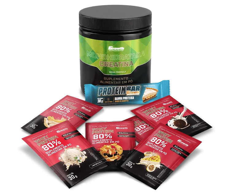 Foto do produto KIT SABORES: PROTEIN BAR 30G DISPLAY C/ 12 UN + CREATINA MONOHIDRATADA 250GR + DOSE 30GR WHEY PROTEIN CONCENTRADO 80% - CHOCOLATE C/ AMENDOIM + BANANA + CARAMELO + MOUSSE DE MARACUJÁ + COOKIES + BAUNILHA