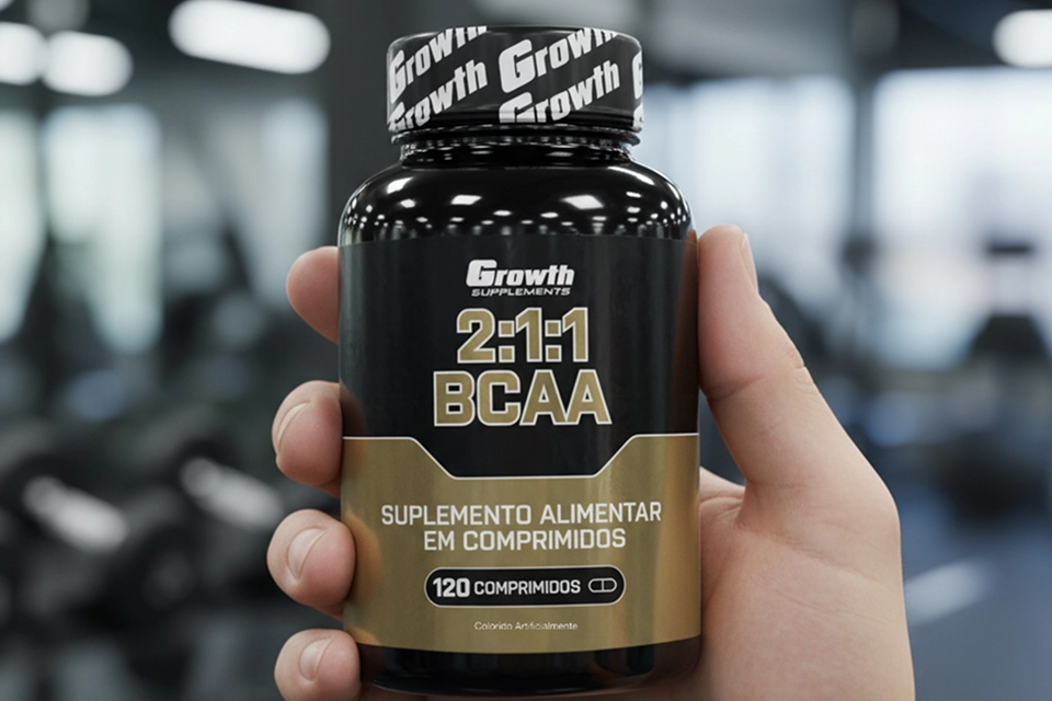 A mão de uma pessoa segurando um BCAA 2:1:1