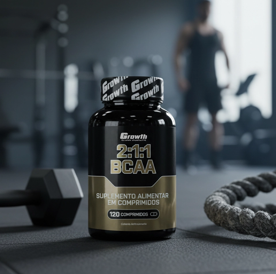 BCAA 2:1:1 - growth supplements ao lado de uma corda e um halter