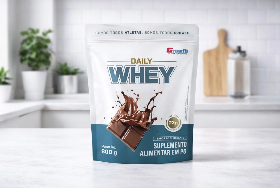GROWTH SUPPLEMENTS - Embalagem de Daily Whey Chocolate no balcão de uma cozinha