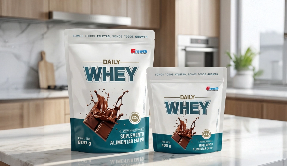 GROWTH SUPPLEMENTS - Embalagens de Daily Whey Chocolate 400g e 800g em balcão de cozinha