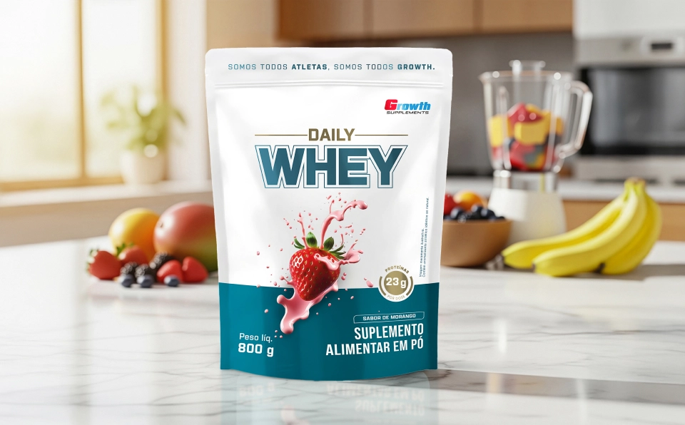 GROWTH SUPPLEMENTS - Imagem ilustrativa Daily Whey Morango na cozinha