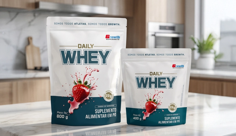 GROWTH SUPPLEMENTS - Imagem ilustrativa Daily Whey Morango dois tamanhos
