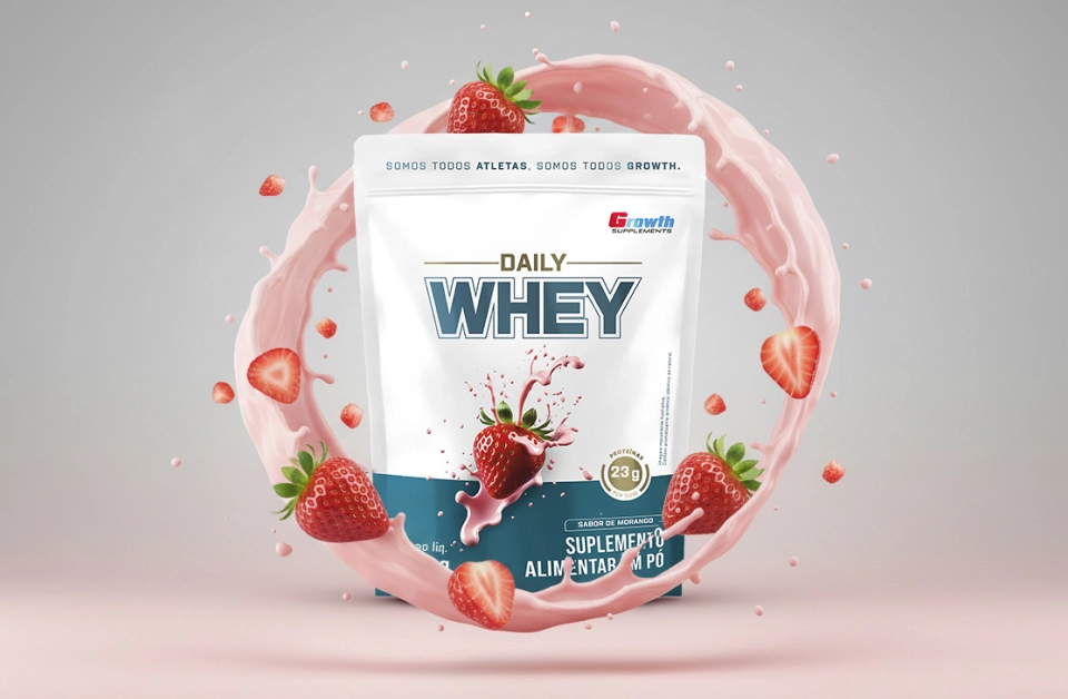 GROWTH SUPPLEMENTS - Imagem ilustrativa Daily Whey Morango em um fundo rosa