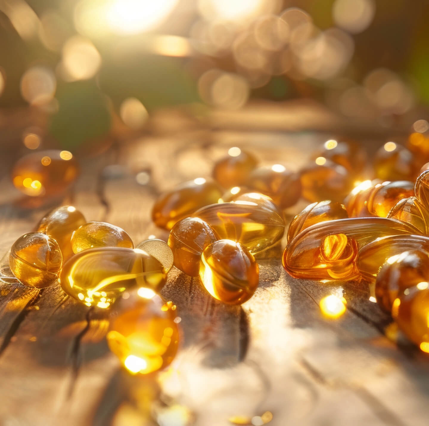 Cápsulas de vitamina D 1000UI esparramadas em uma mesa