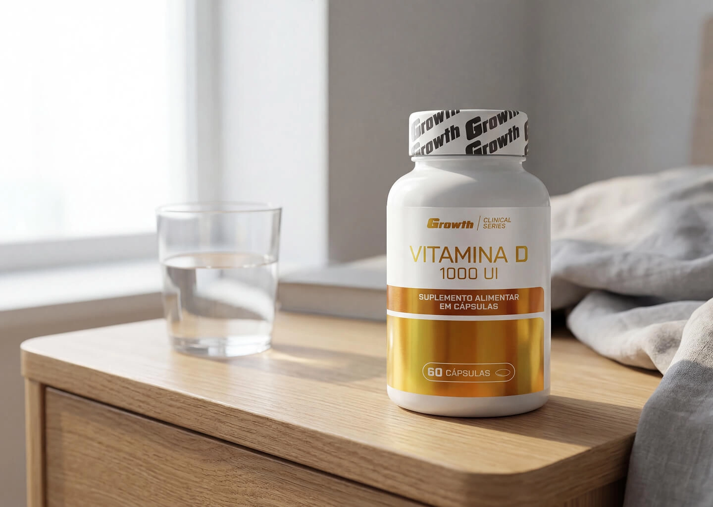 Embalagem de vitamina D 1000UI em um criado mundo ao lado de um copo de água