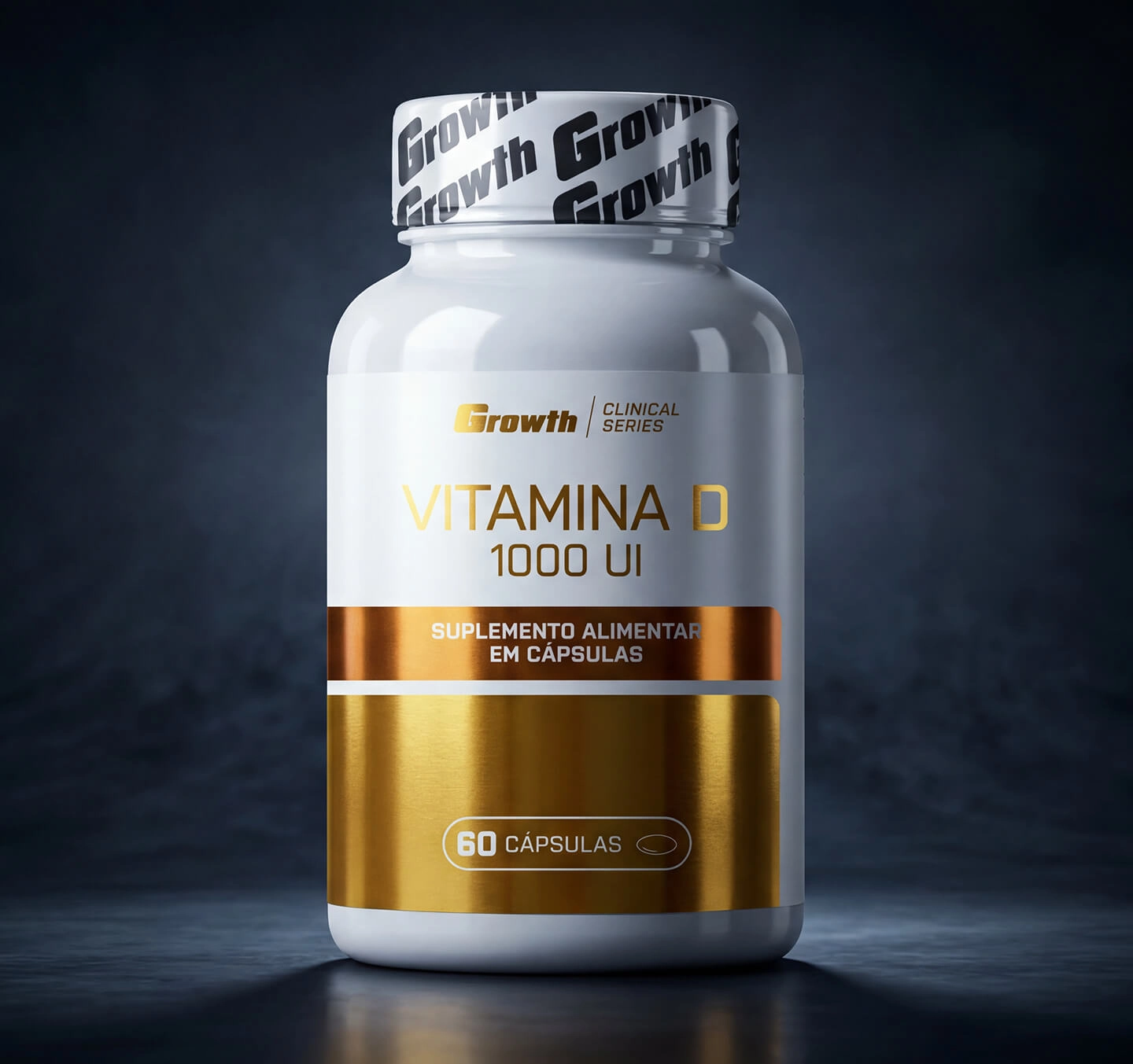 Embalagem de vitamina D 1000UI com um fundo acinzentado com efeito de fumaça branca