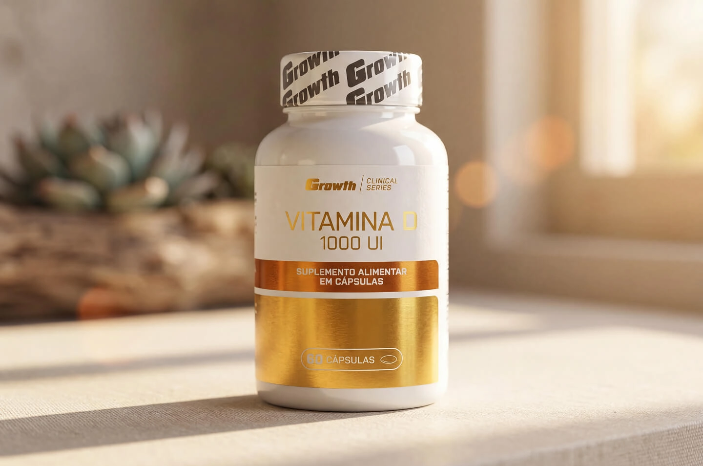 Embalagem de vitamina D 1000UI em cima de uma mesa