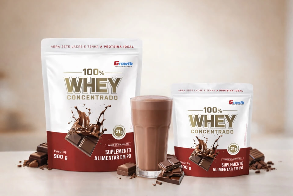 GROWTH SUPPLEMENTS - Imagem ilustrativa 100% Whey chocolate na cozinha