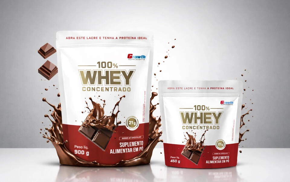 GROWTH SUPPLEMENTS - Imagem ilustrativa 100% Whey chocolate dois tamanhos