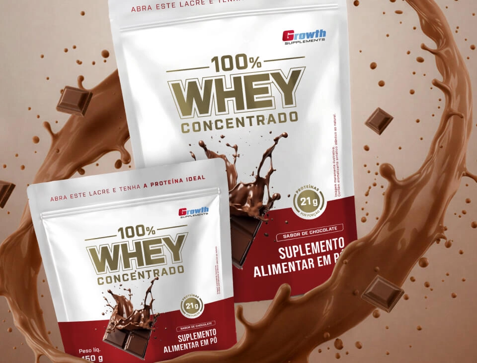 GROWTH SUPPLEMENTS - Imagem ilustrativa 100% Whey chocolate em um fundo rosa