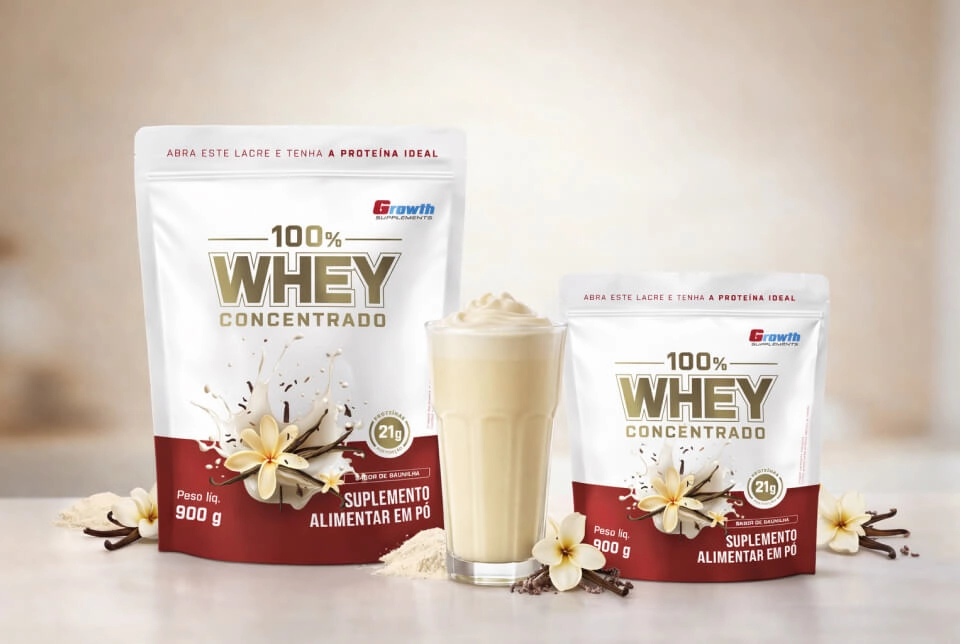 GROWTH SUPPLEMENTS - Embalagens de 100% Whey Protein Concentrado em balcão de cozinha