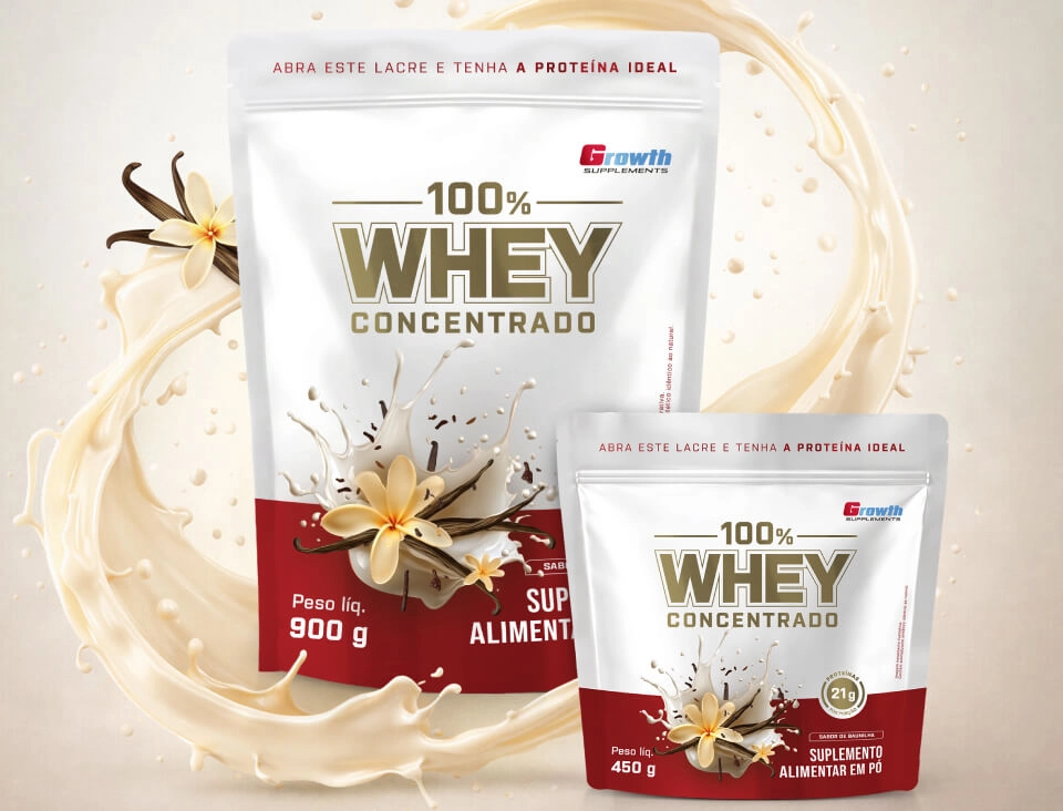 GROWTH SUPPLEMENTS - Embalagens de 100% Whey Protein Concentrado 400g e 800g em balcão de cozinha