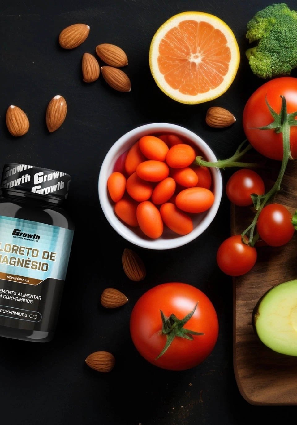 GROWTH SUPPLEMENTS - IMAGEM ILUSTRATIVA DO CLORETO DE MAGNÉSIO EM CIMA DE UMA MESA COM FRUTAS E VEGETAIS