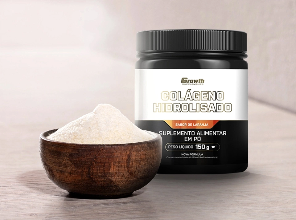 GROWTH SUPPLEMENTS - Embalagem de colágeno hidrolisado e pote com o produto ao lado
