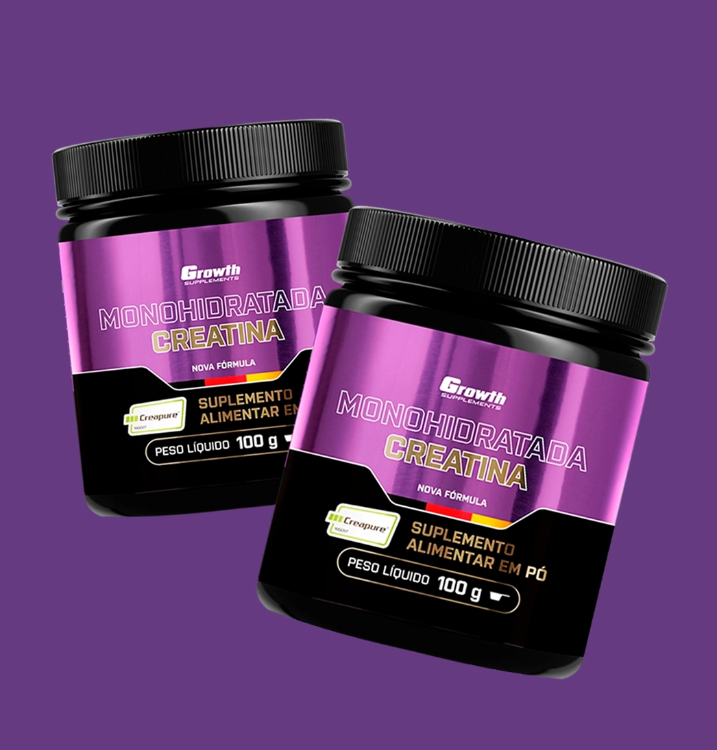 Duas Creatinas Creapure de 100 g Growth Suplementos, uma do lado da outra