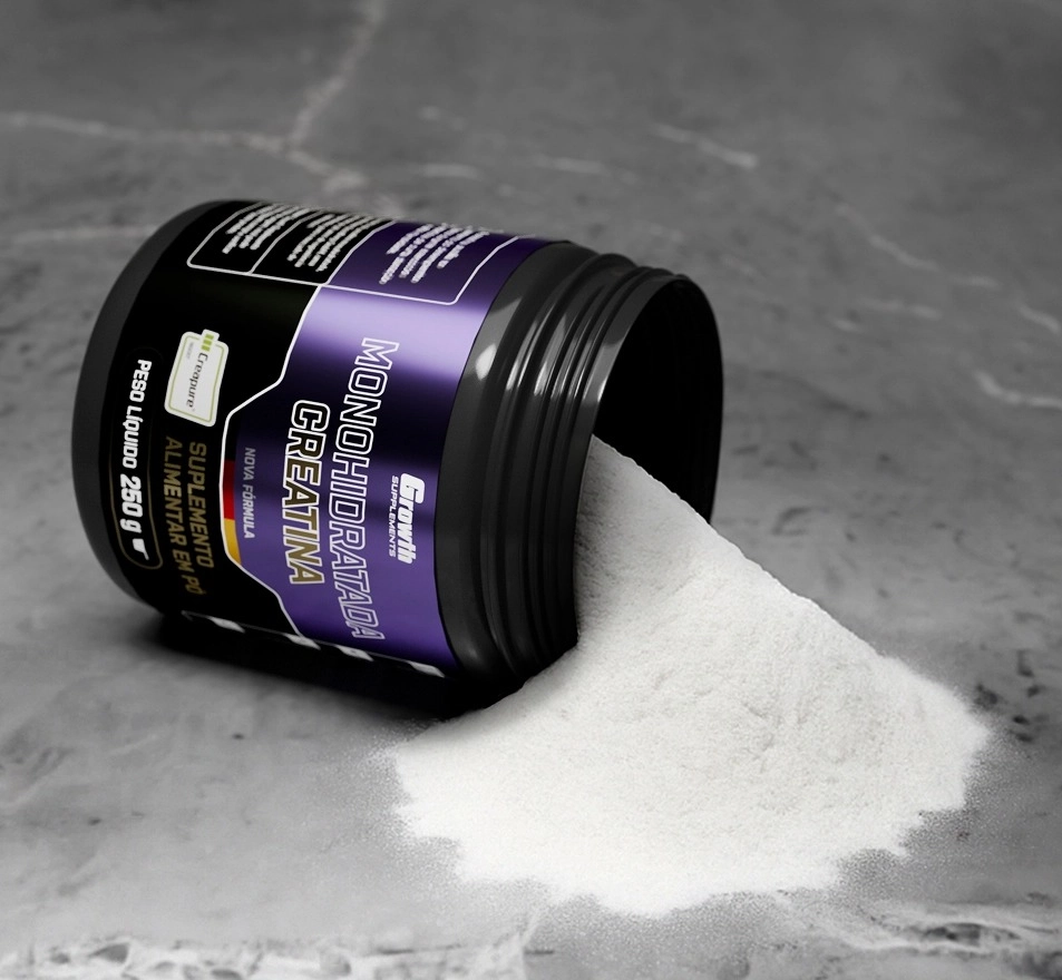 Creatina Creapure aberta derramando o pó da mesma