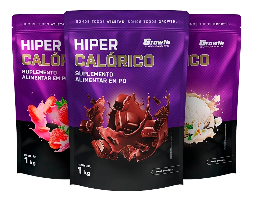 Três embalagens dos três sabores de Hipercalórico -Growth Supplements